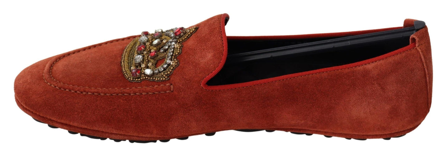 Orange Leather Crystal Crown Loafers Shoes