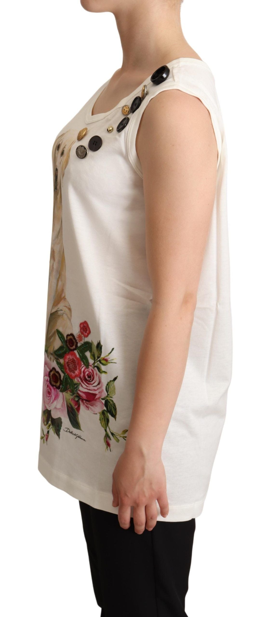 White Dog Floral Print Embellished T-shirt