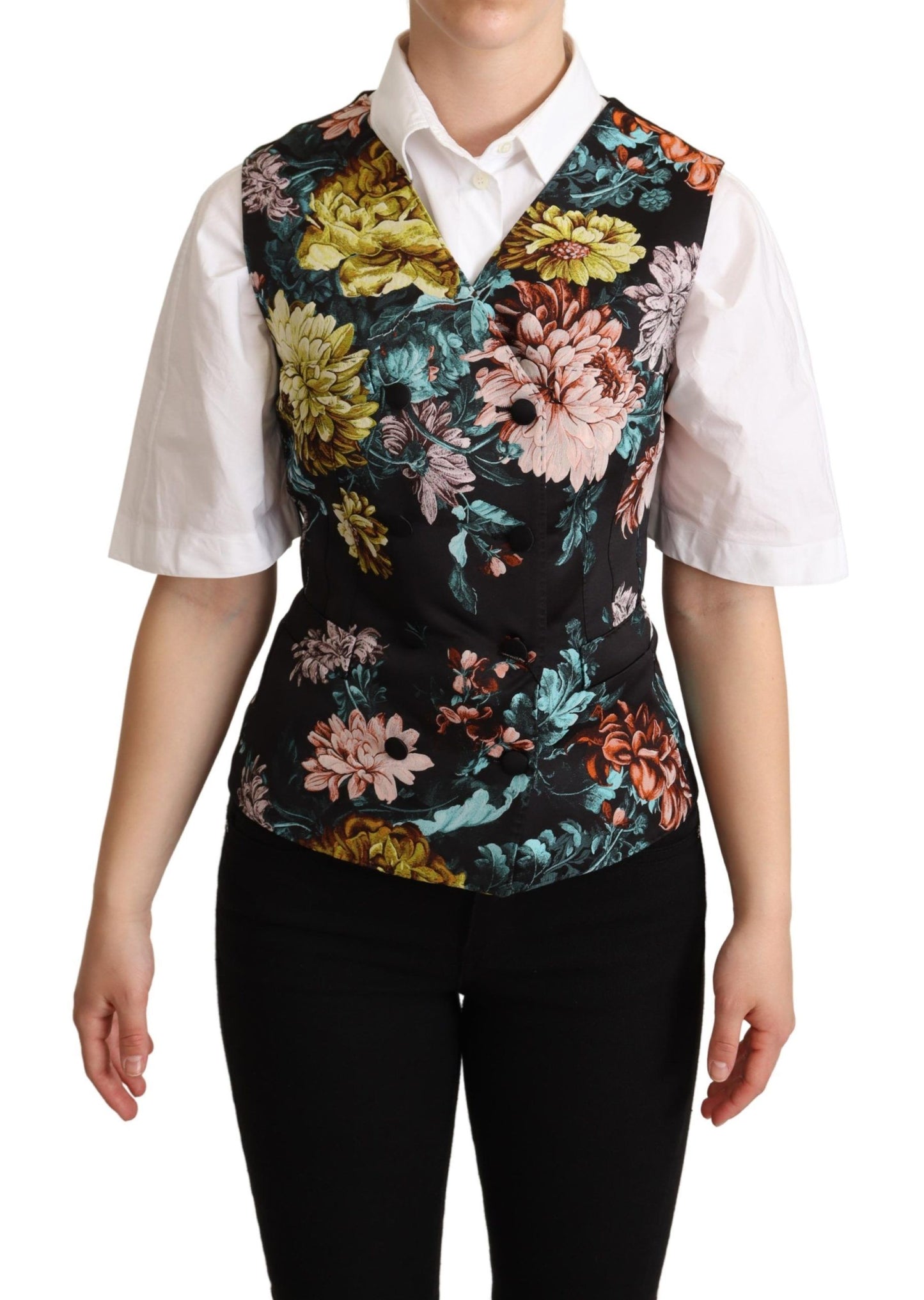 Chaleco negro con estampado floral de jacquard