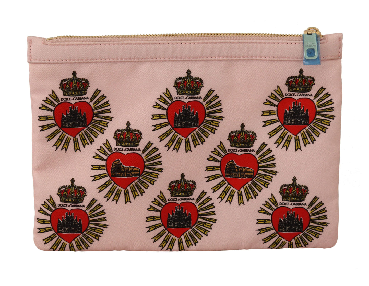 Cartera de mano rosa con logo D&G y corazón devocional para artículos de tocador