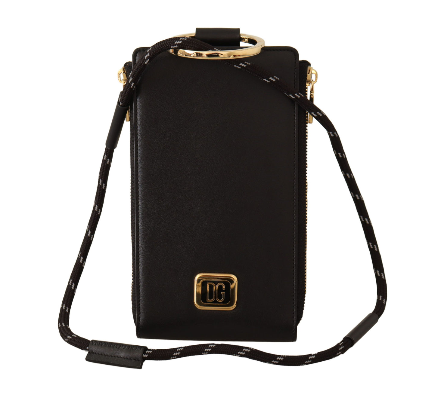 Cartera para tarjetas y monedas con correa para el cuello y placa con logotipo de cuero negro