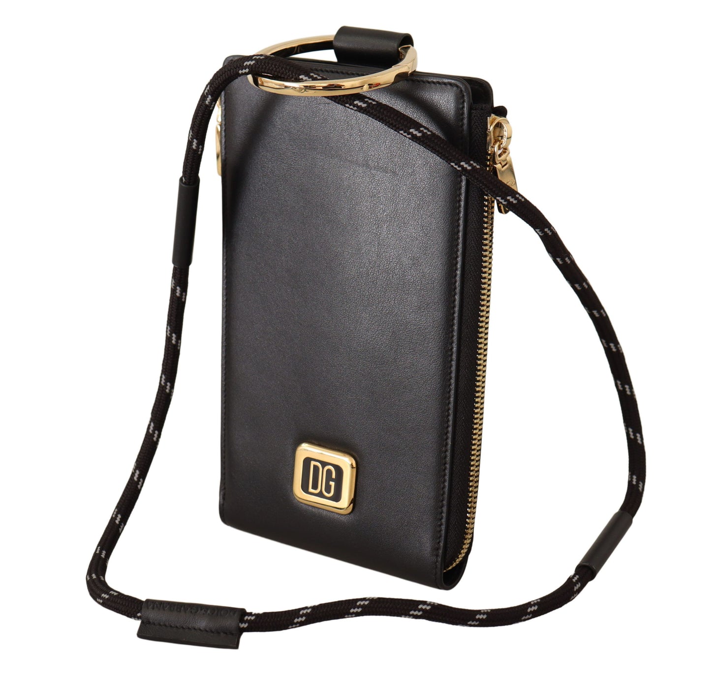 Cartera para tarjetas y monedas con correa para el cuello y placa con logotipo de cuero negro