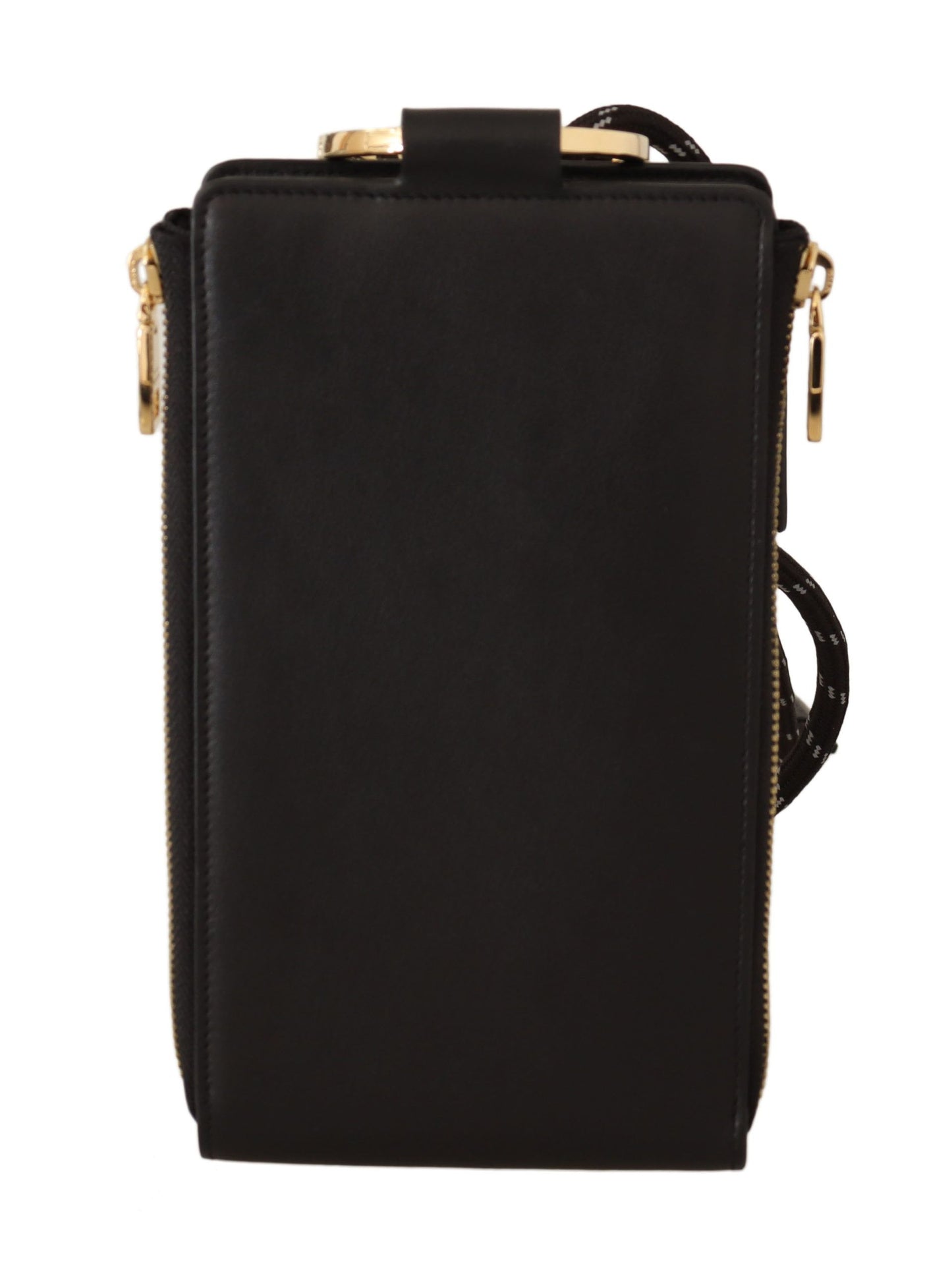 Cartera para tarjetas y monedas con correa para el cuello y placa con logotipo de cuero negro