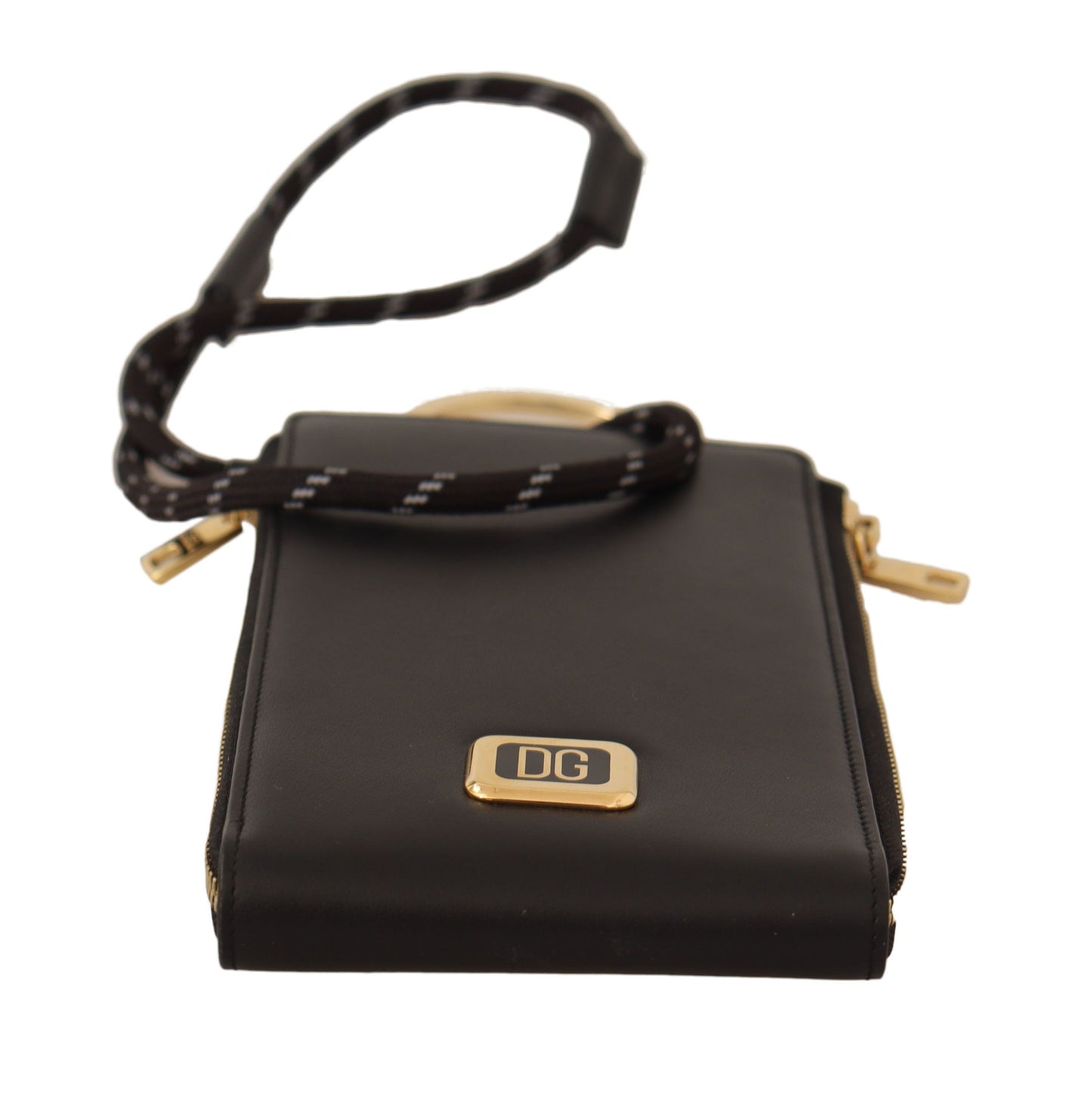 Cartera para tarjetas y monedas con correa para el cuello y placa con logotipo de cuero negro