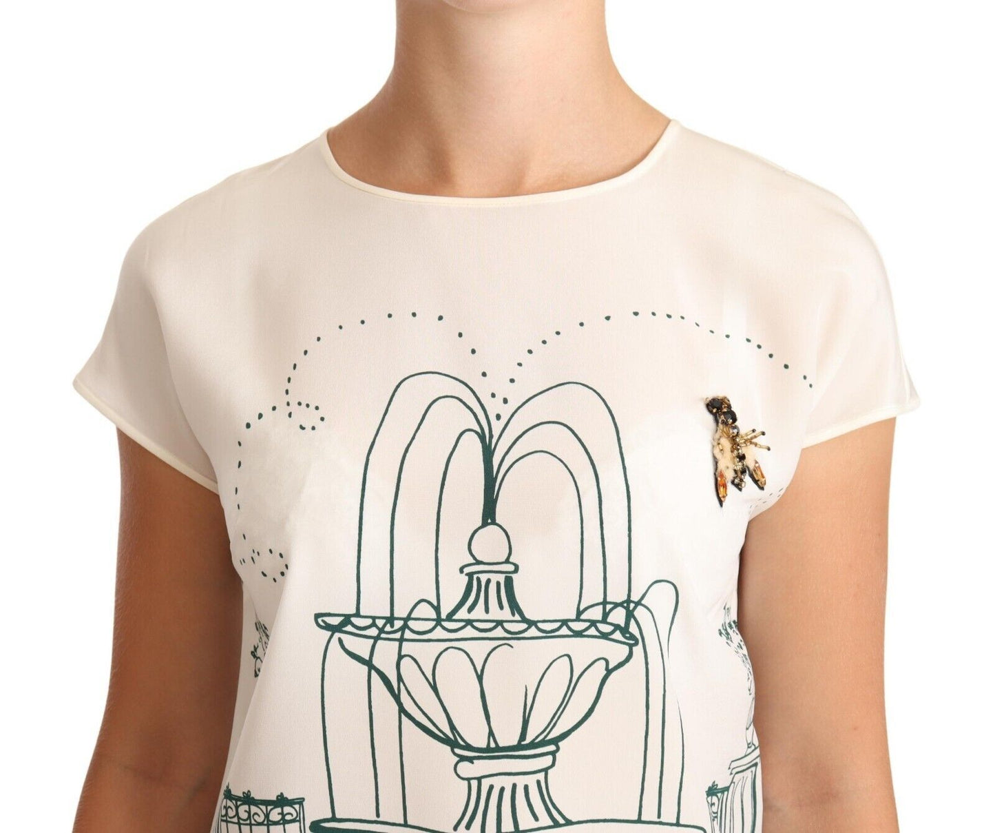 Chemisier t-shirt en soie blanche à motif fontaine de jardin