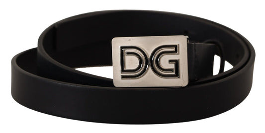 Cinturón de cuero negro con hebilla plateada con logotipo DG
