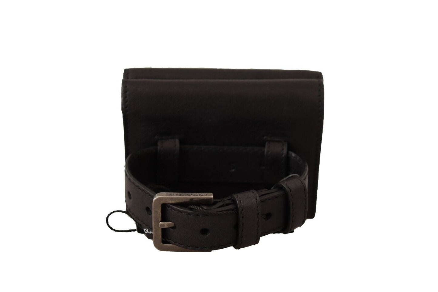 Monedero de cuero negro con tres pliegues y cinturón, cartera multiusos