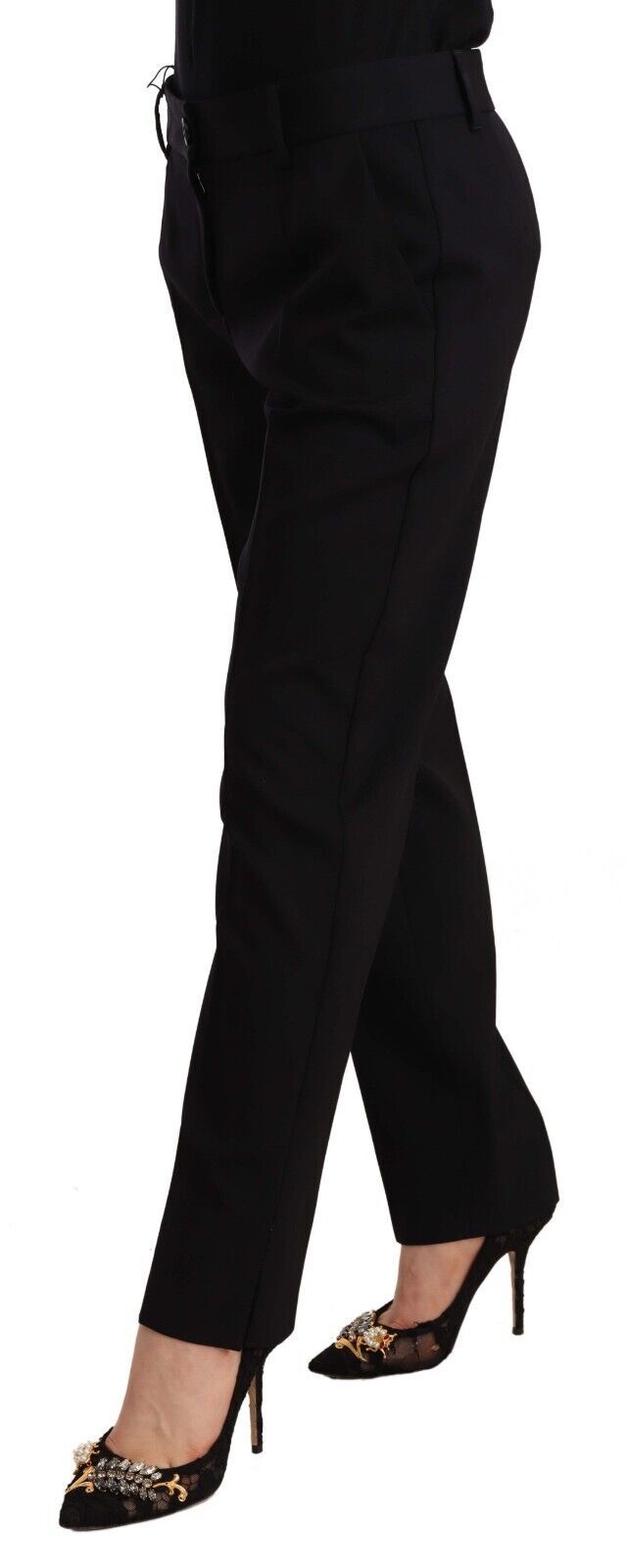 Black Mid Waist Skinny Trouser Wool Pants