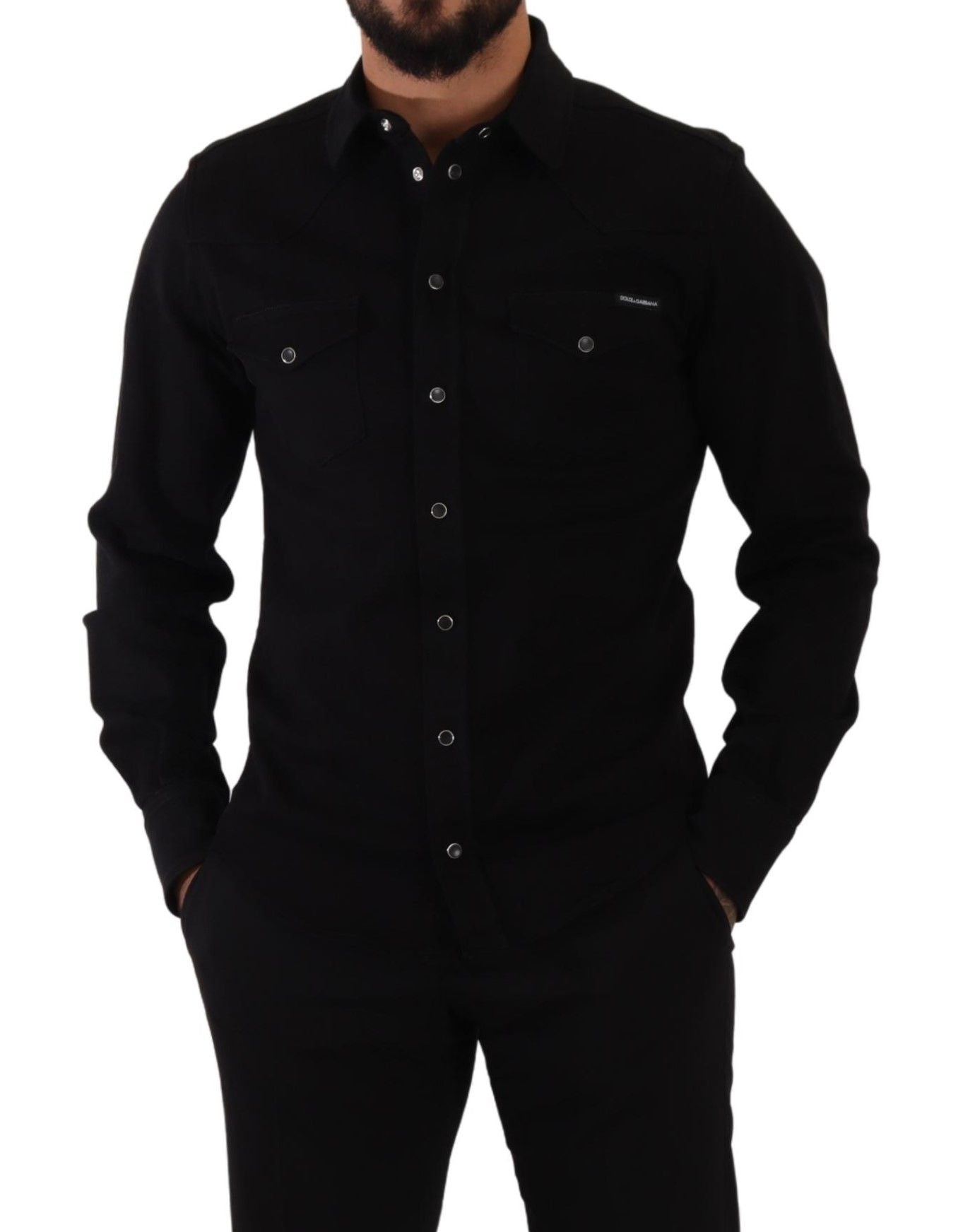 Chemise slim noire en denim de coton extensible