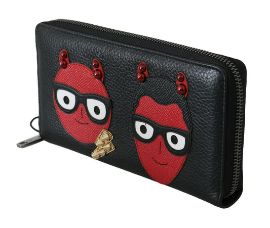 Portefeuille continental zippé en cuir noir et rouge #DGFAMILY