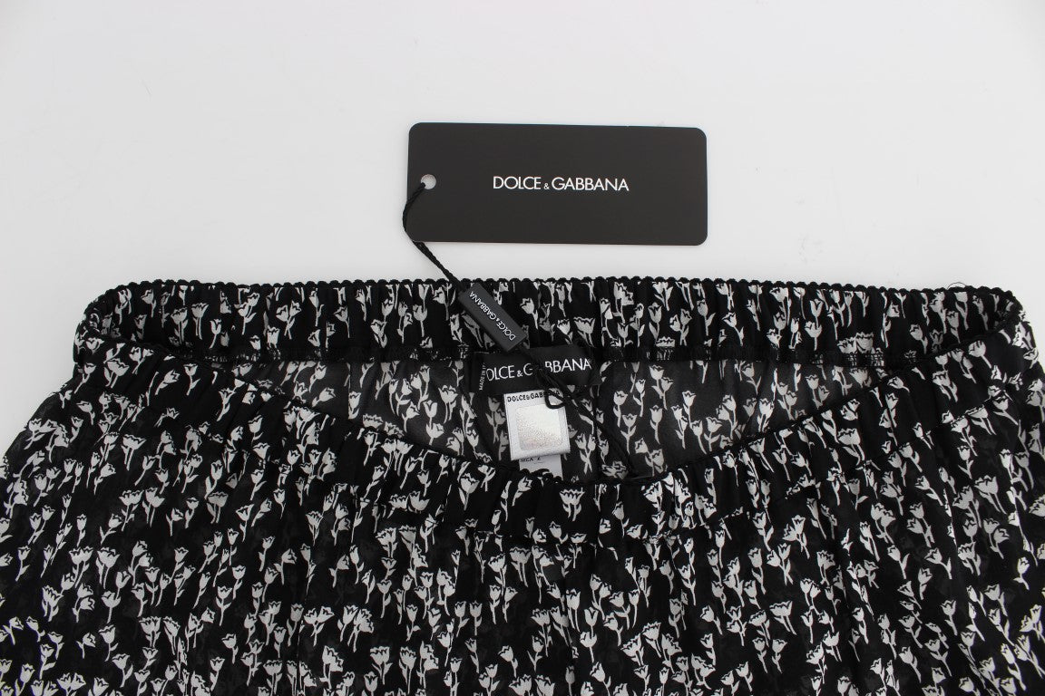Pantalones cortos de seda con encaje floral blanco y negro para dormir