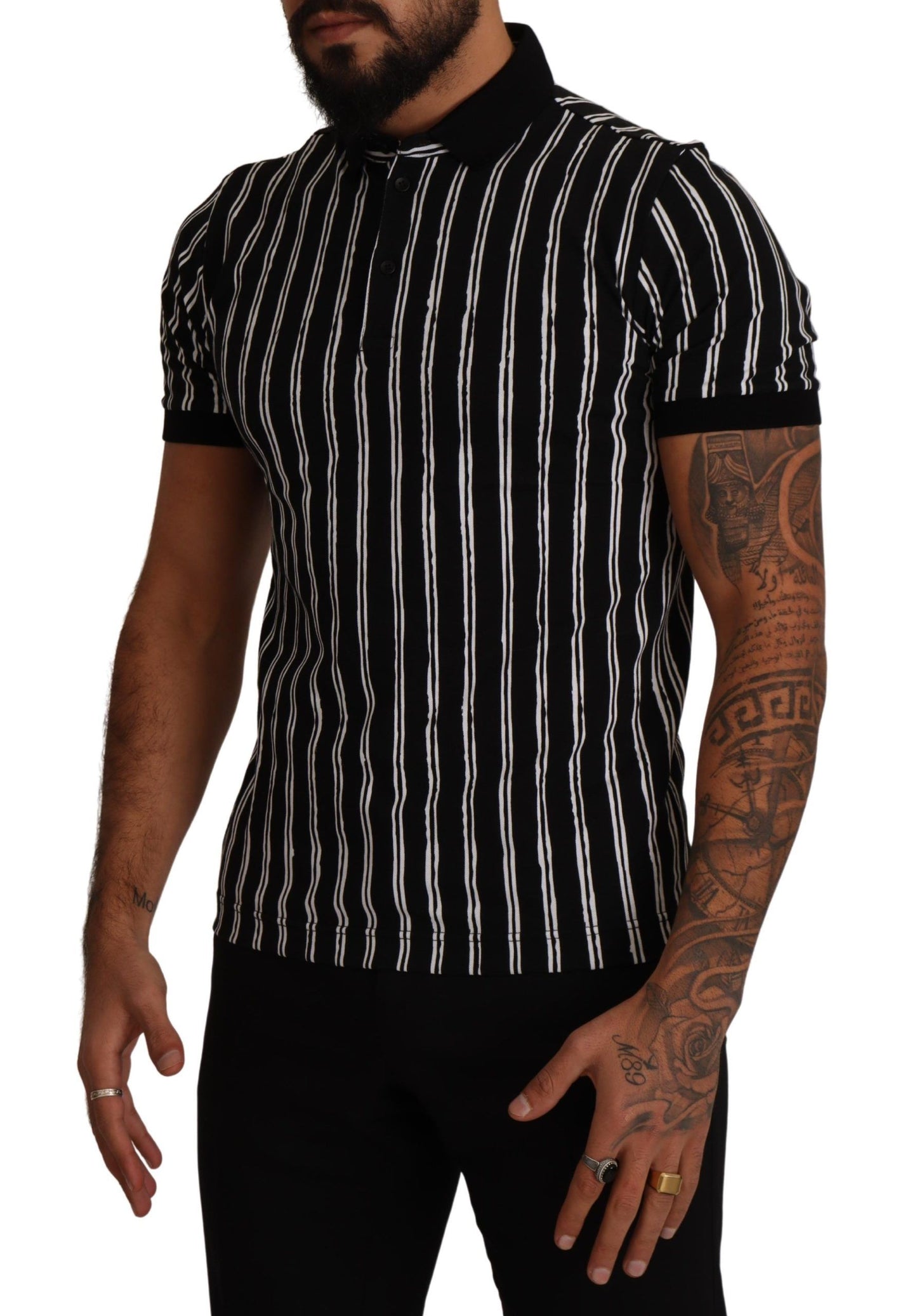 Black White Striped Polo Short Sleeve T-shirt