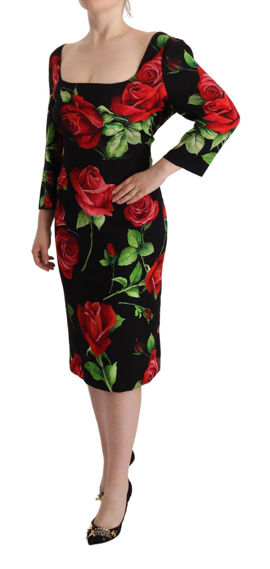 Robe fourreau en soie extensible à motifs de roses noires et rouges