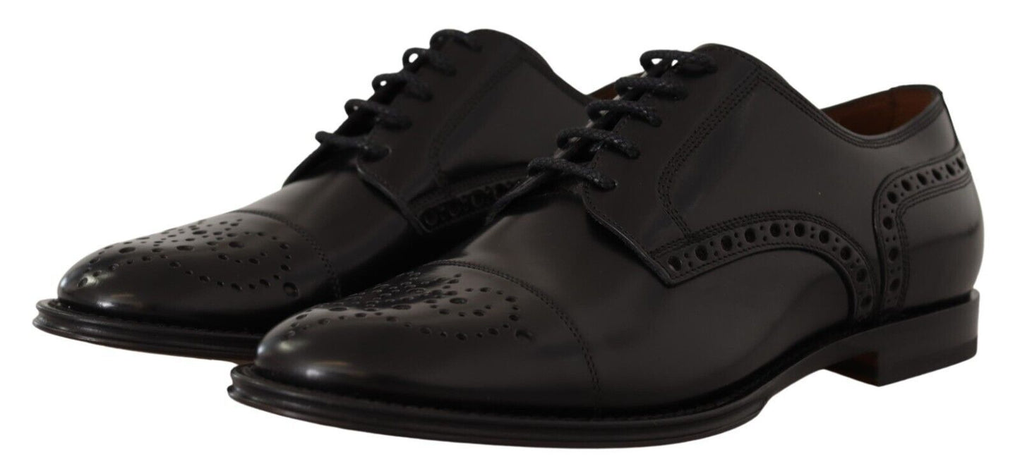 Zapatos Derby formales de cuero negro con punta de ala para hombre