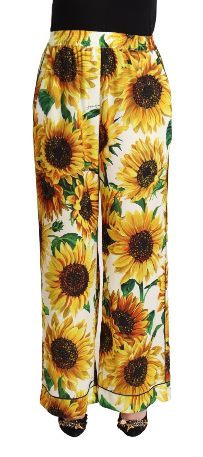 Pantalon large taille moyenne à imprimé tournesol blanc