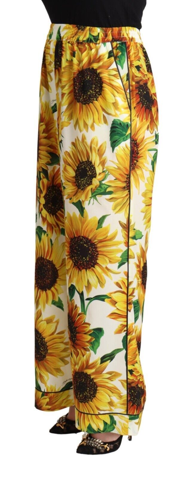 Pantalon large taille moyenne à imprimé tournesol blanc