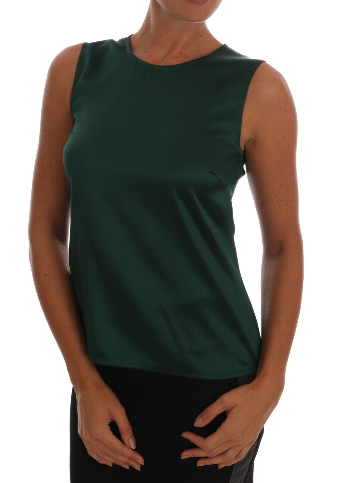 Camiseta sin mangas de cuello redondo de seda verde oscuro