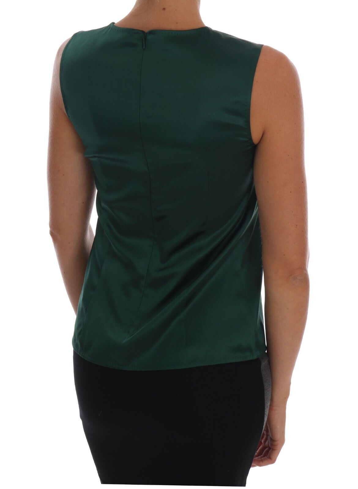 Camiseta sin mangas de cuello redondo de seda verde oscuro