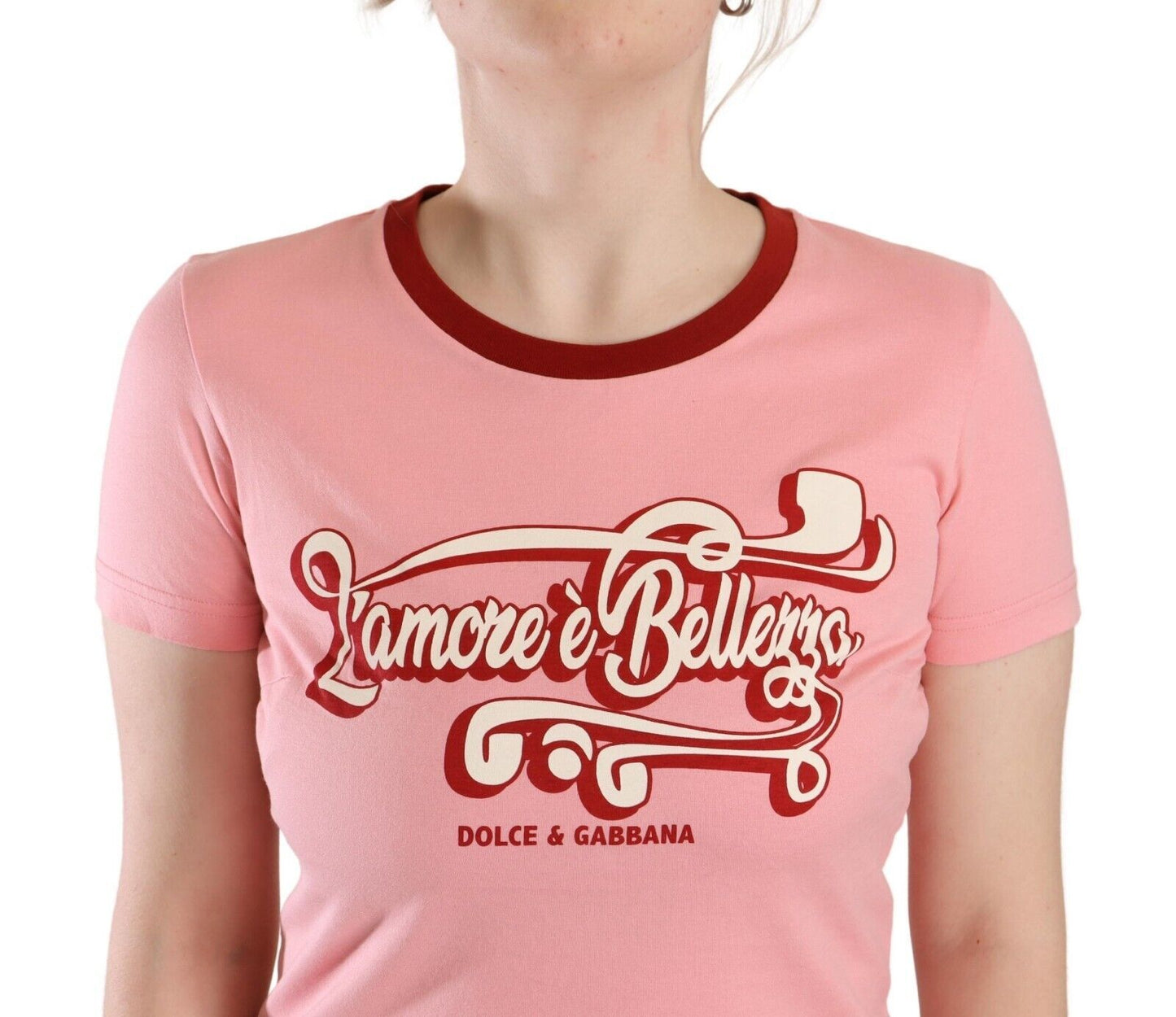 Camiseta de algodón rosa de manga corta con cuello redondo