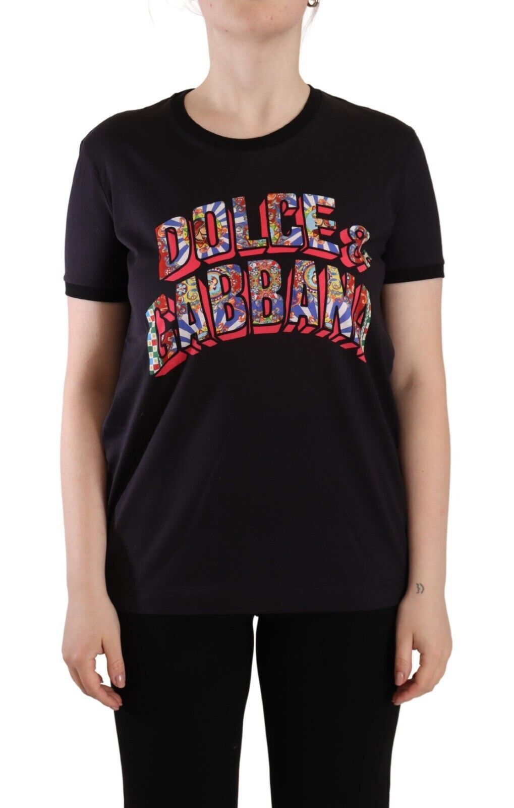 T-shirt col rond en coton noir avec logo imprimé