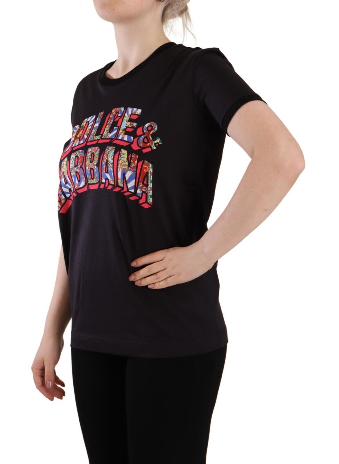 T-shirt col rond en coton noir avec logo imprimé