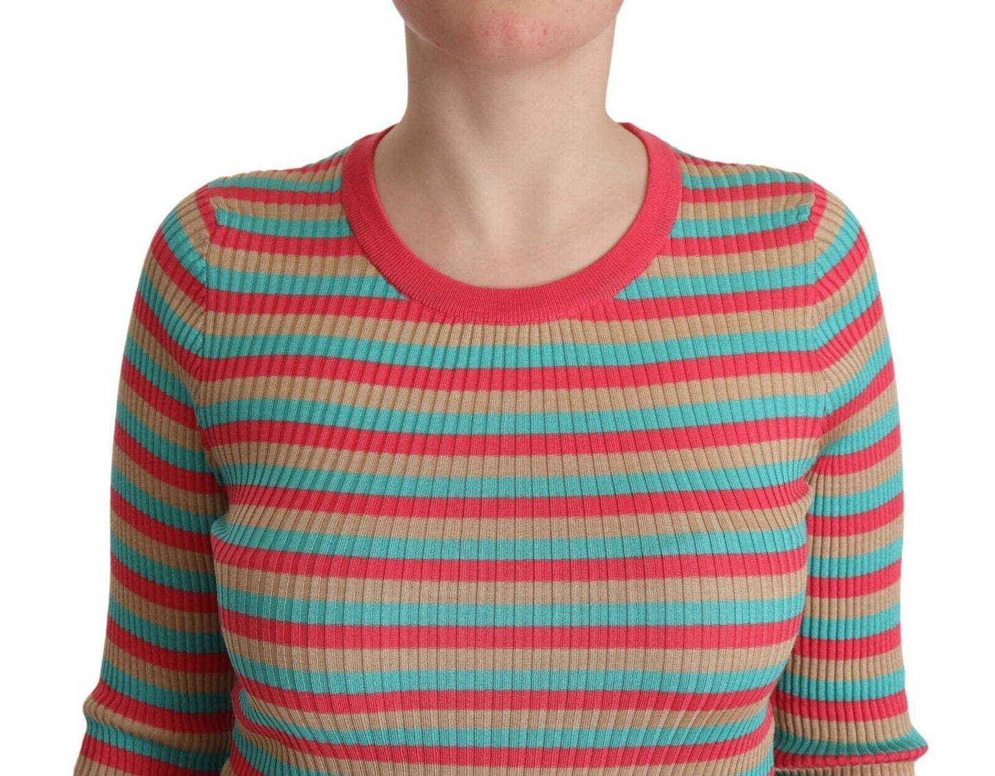 Top de cuello redondo de seda con rayas multicolores