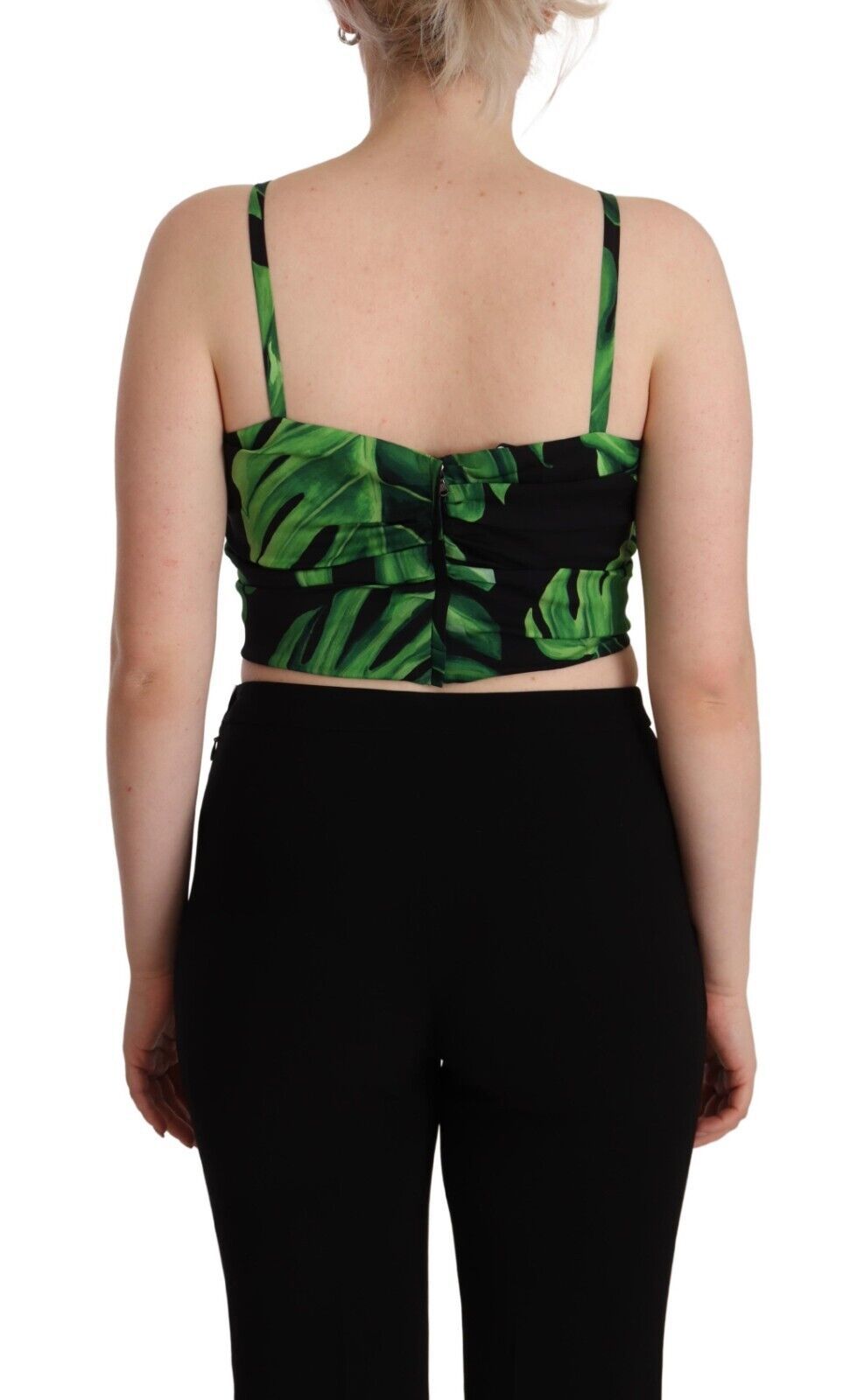 Top corto de seda con cuello halter y hojas verdes y negras
