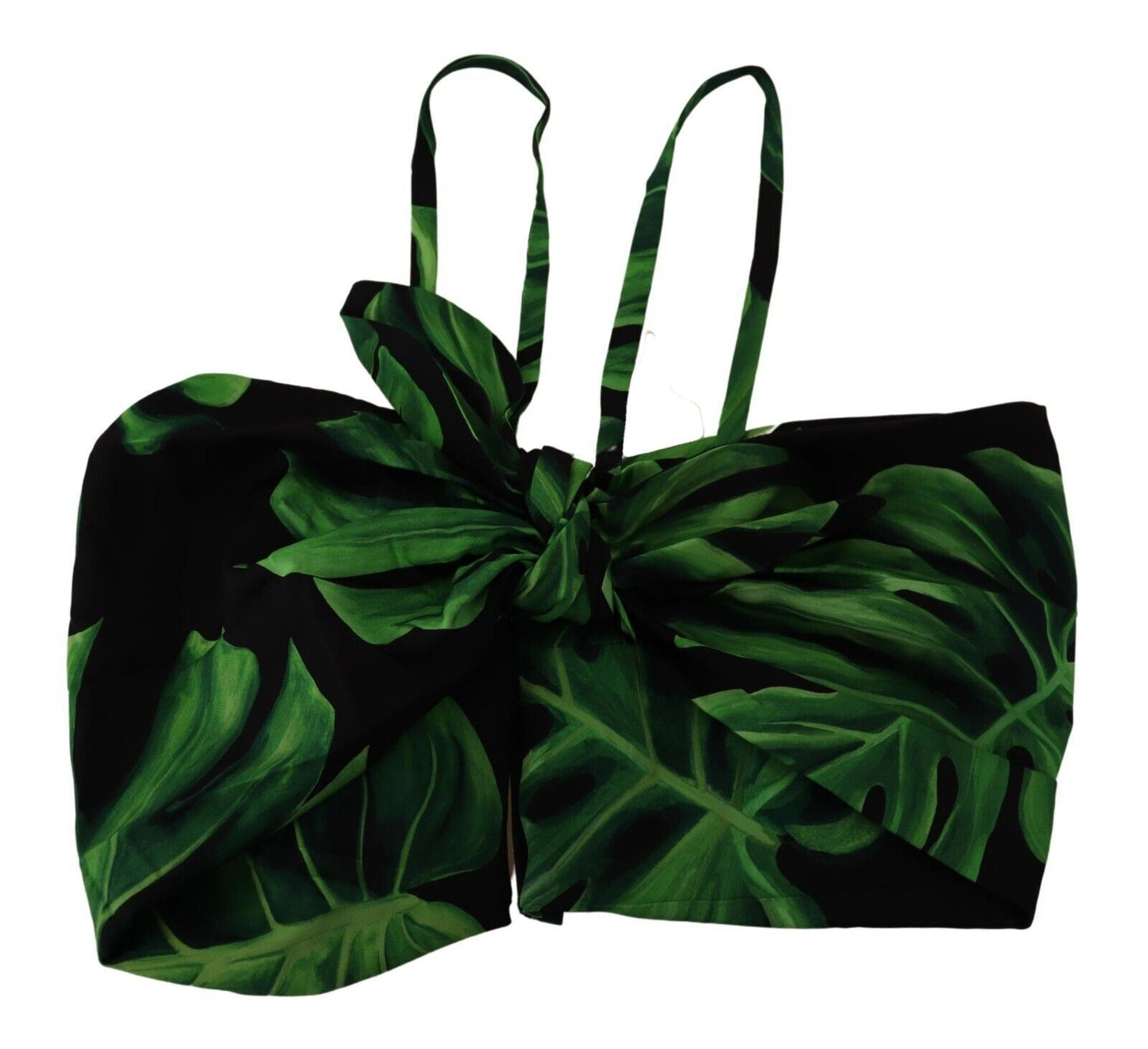 Top corto de seda con cuello halter y hojas verdes y negras
