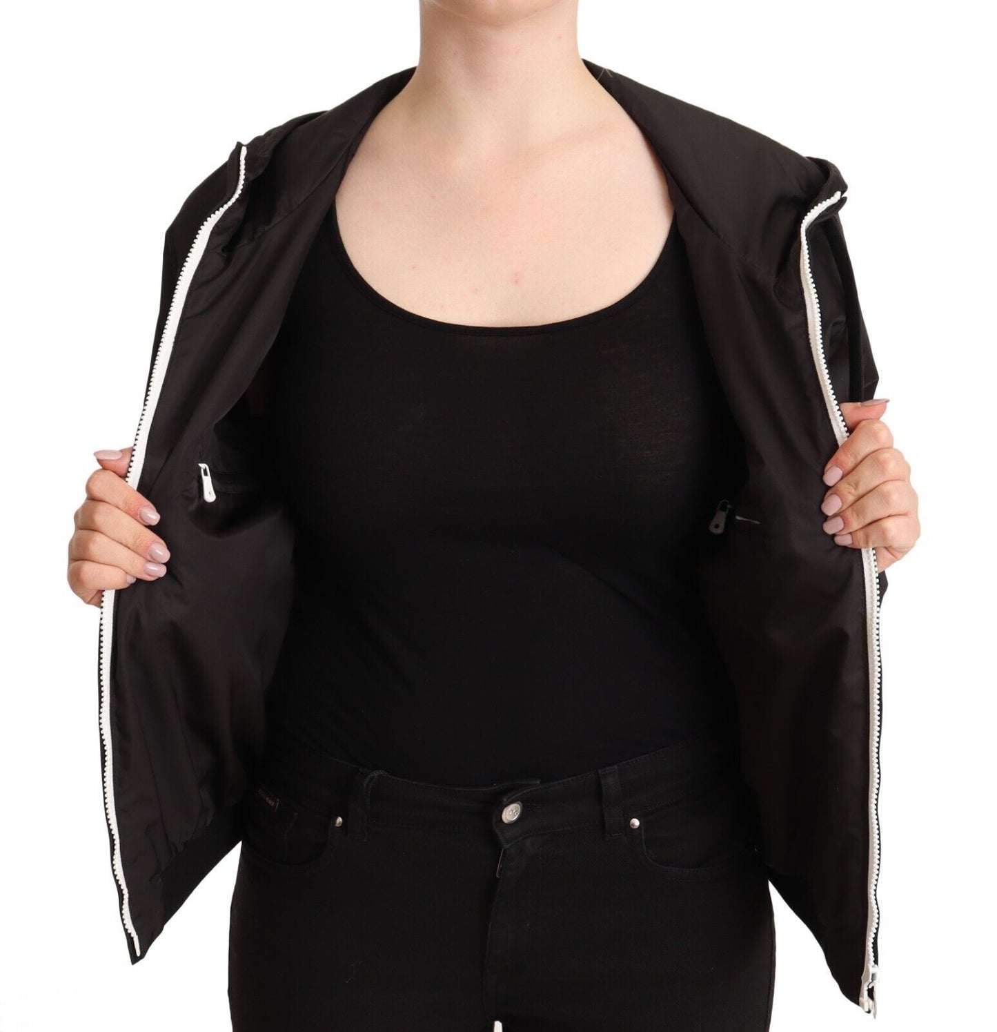 Chaqueta bomber con capucha y cremallera completa de poliéster negro