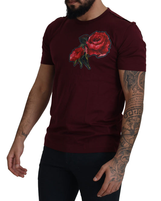 Camiseta de algodón con cuello redondo y rosas de Burdeos