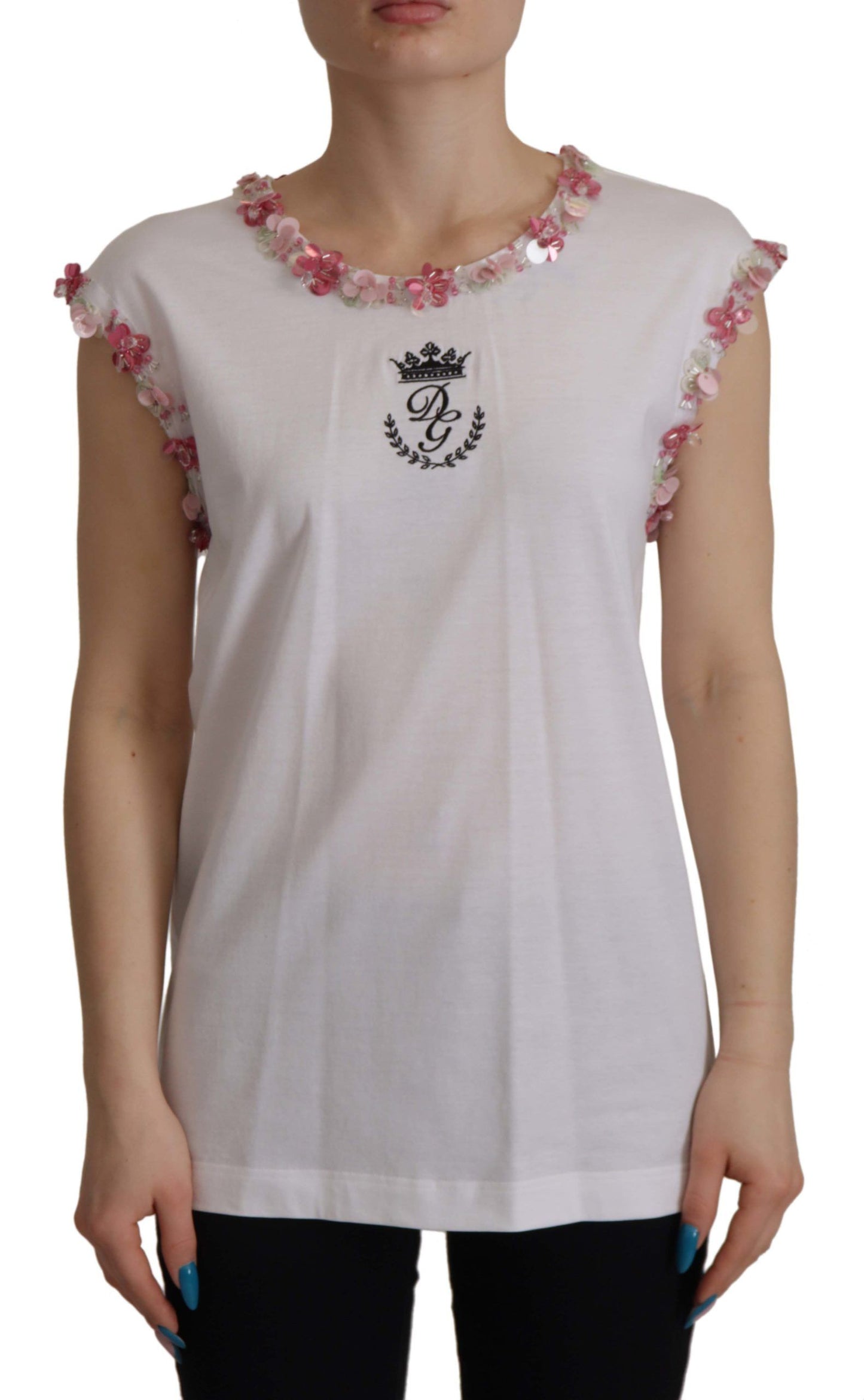 Camiseta blanca con lentejuelas y estampado floral de la corona DG