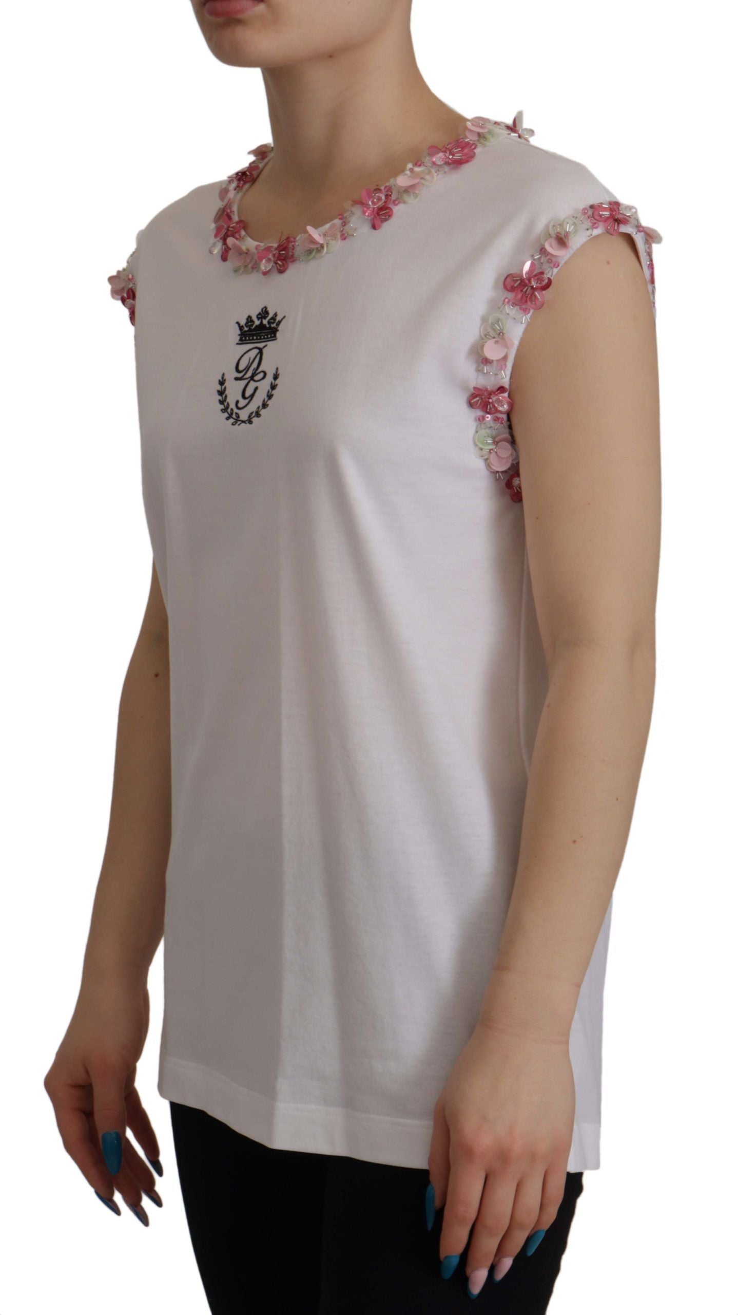 Camiseta blanca con lentejuelas y estampado floral de la corona DG