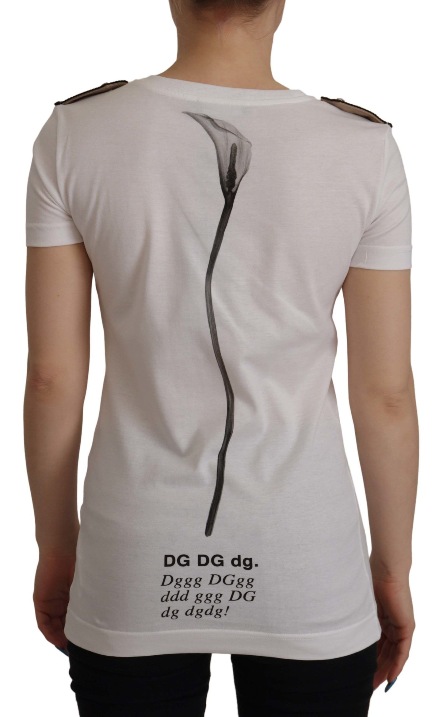 Camiseta de algodón con cuello redondo y rosas blancas y negras