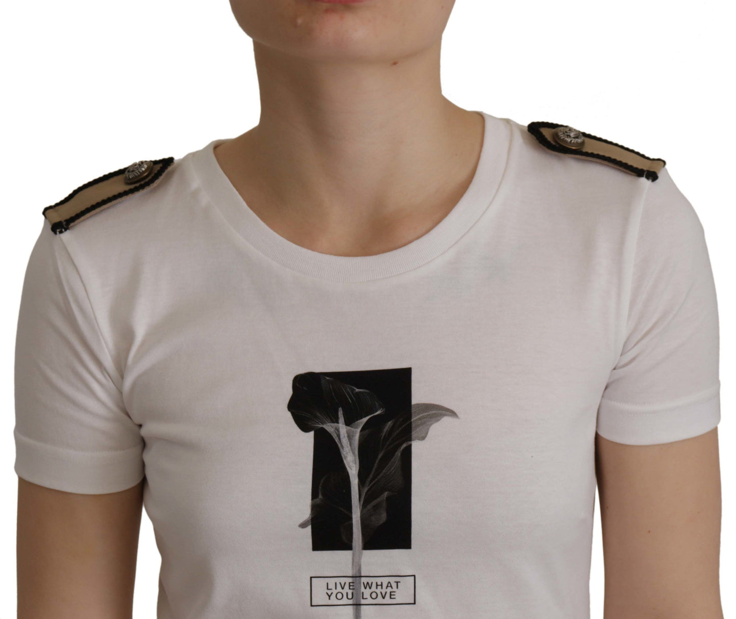 Camiseta de algodón con cuello redondo y rosas blancas y negras