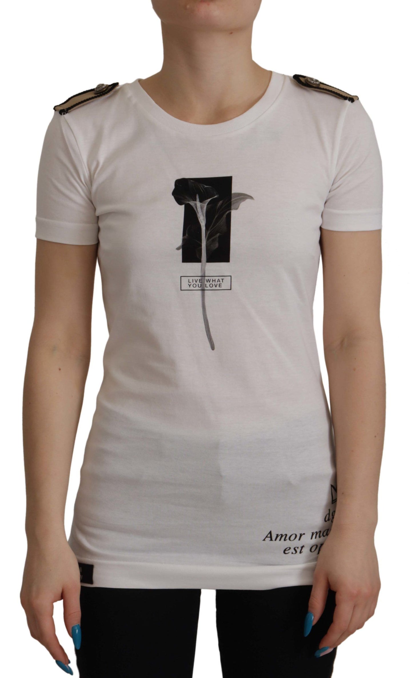 Camiseta de algodón con cuello redondo y rosas blancas y negras