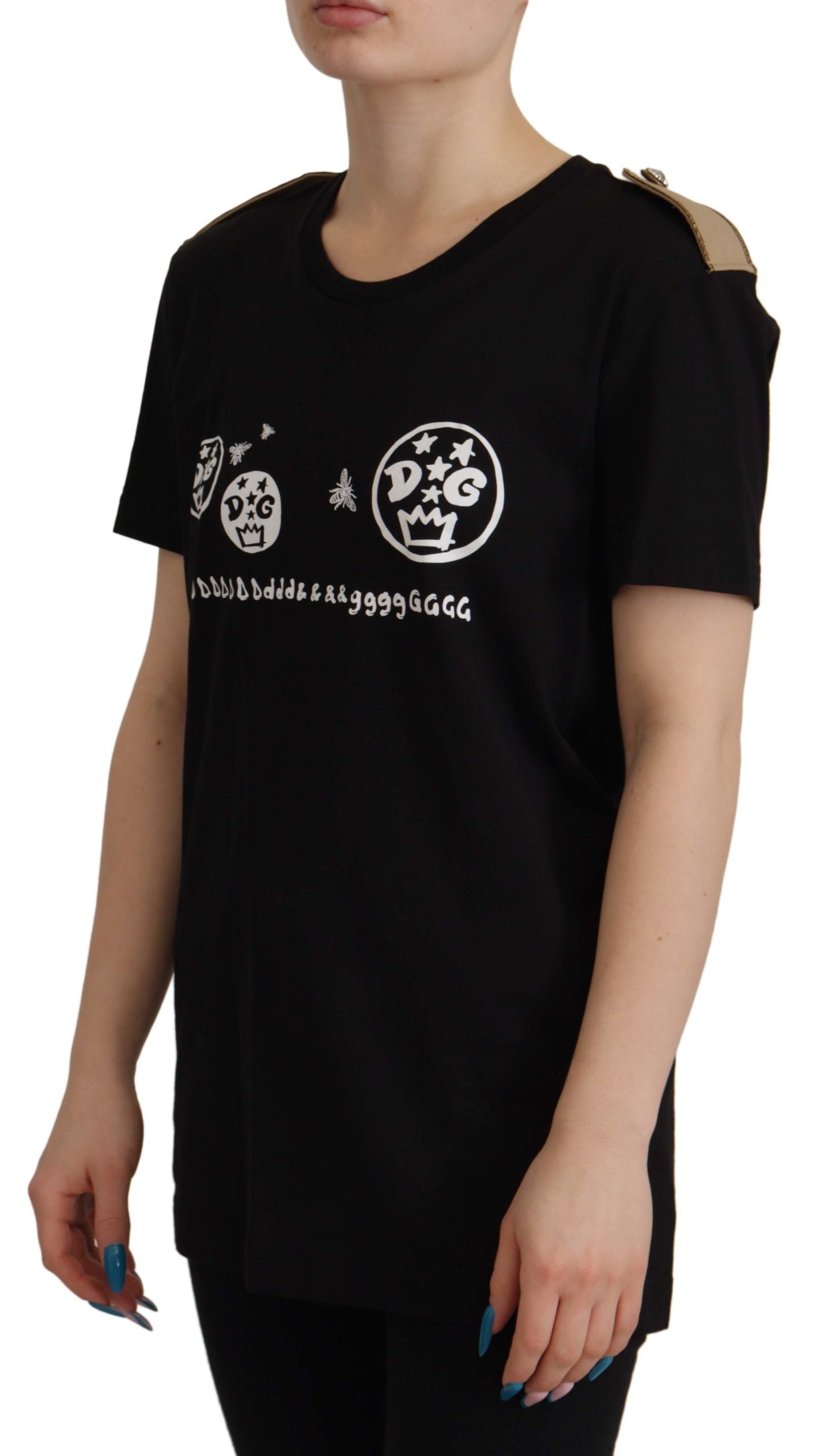 Camiseta de algodón con cuello redondo y motivo de logotipo negro