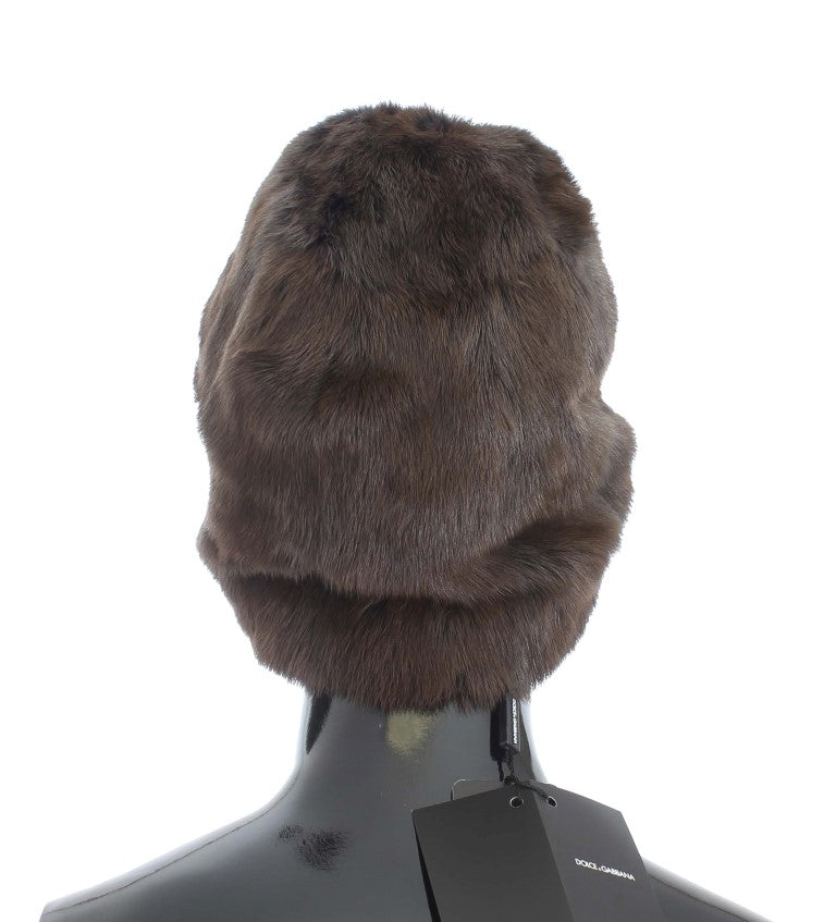 Gorro de cachemira para mujer de piel de comadreja marrón