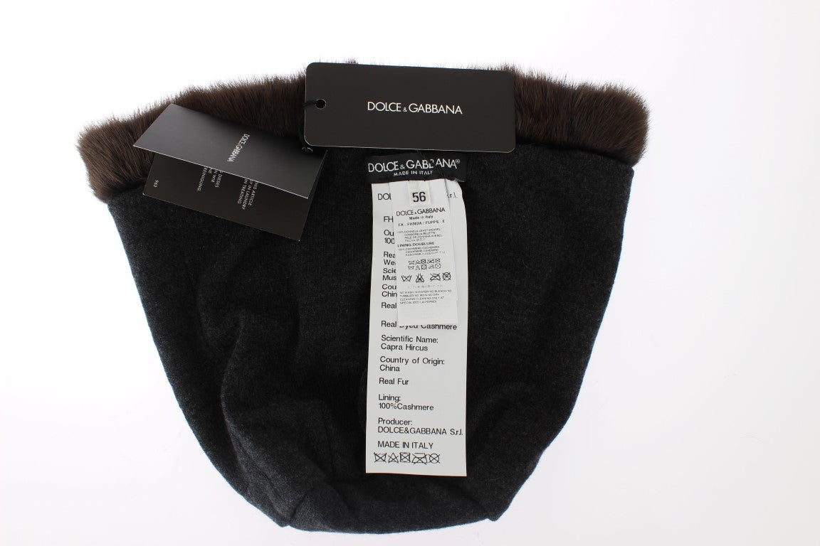 Gorro de cachemira para mujer de piel de comadreja marrón