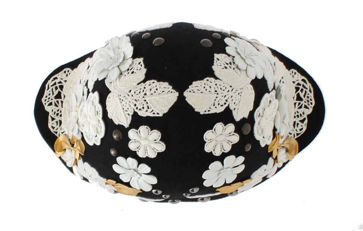 Sombrero de lana negra con estampado floral blanco y pan de oro