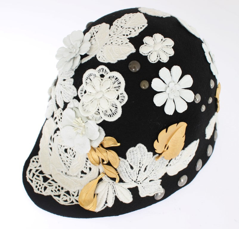 Sombrero de lana negra con estampado floral blanco y pan de oro
