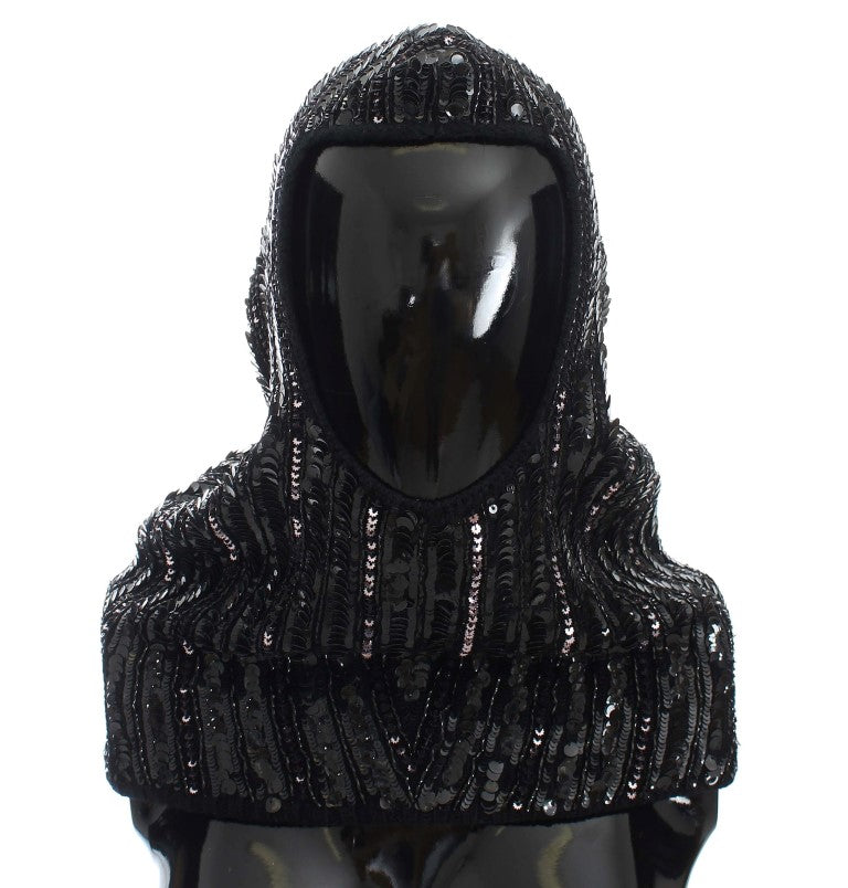 Gorro con capucha y bufanda de punto con lentejuelas negras