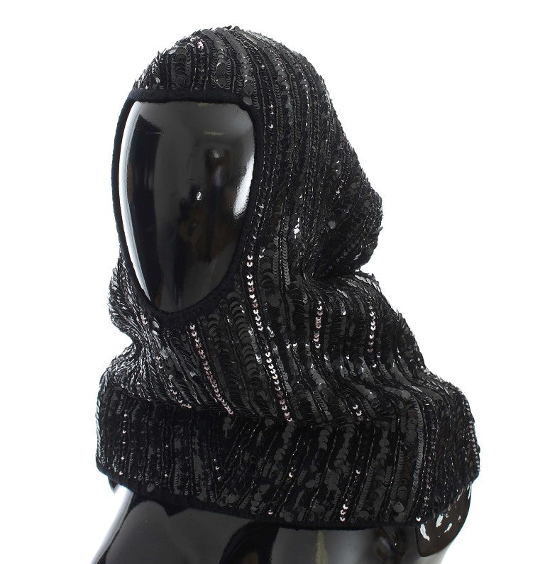 Gorro con capucha y bufanda de punto con lentejuelas negras