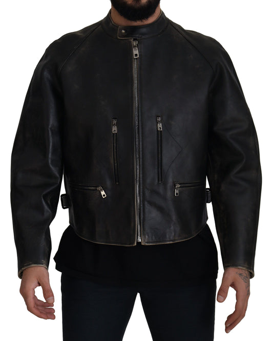 Chaqueta de motociclista con cremallera de cuero negro