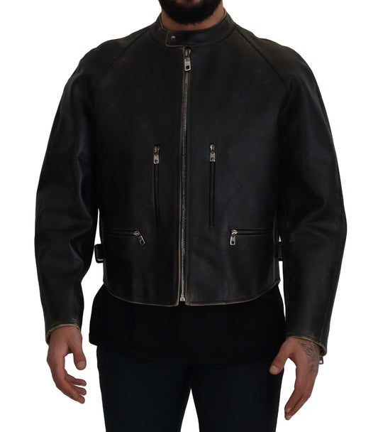 Chaqueta de motociclista con cremallera de cuero negro