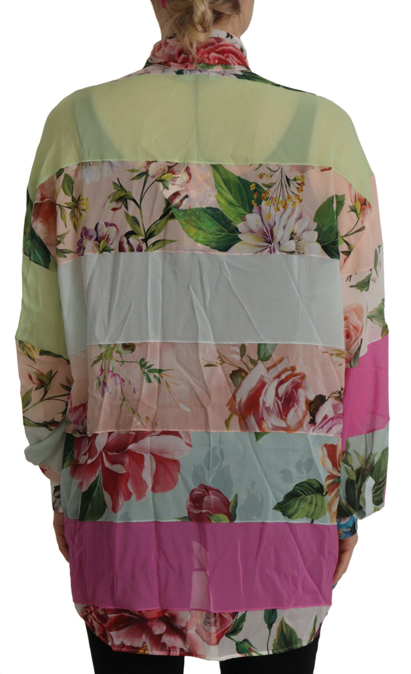 Chemisier à col lavallière et motif patchwork floral multicolore
