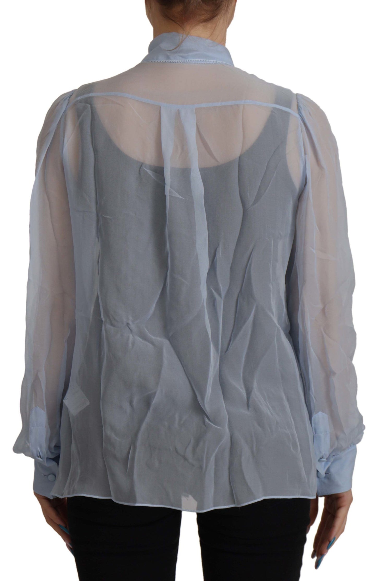 Top de manga larga con cuello Ascot de seda azul claro