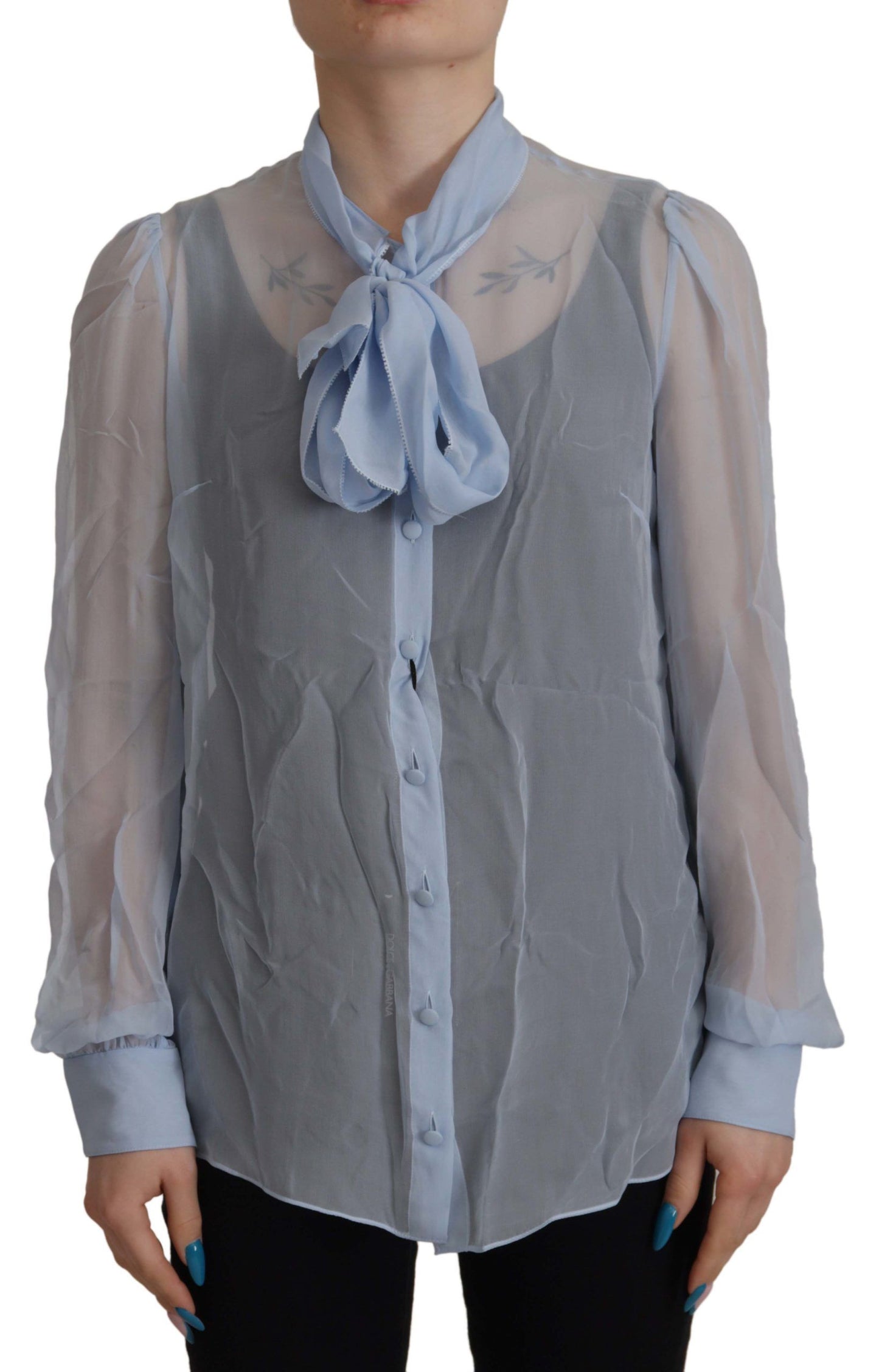 Top de manga larga con cuello Ascot de seda azul claro