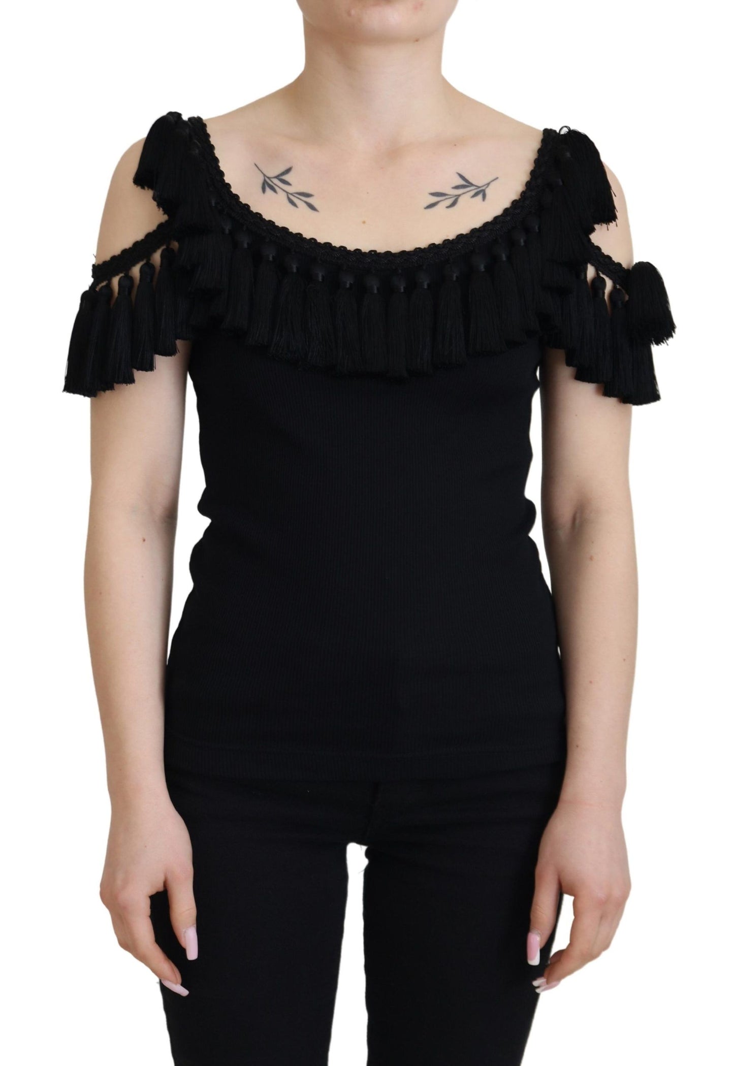 Blusa negra sin mangas de algodón con borlas