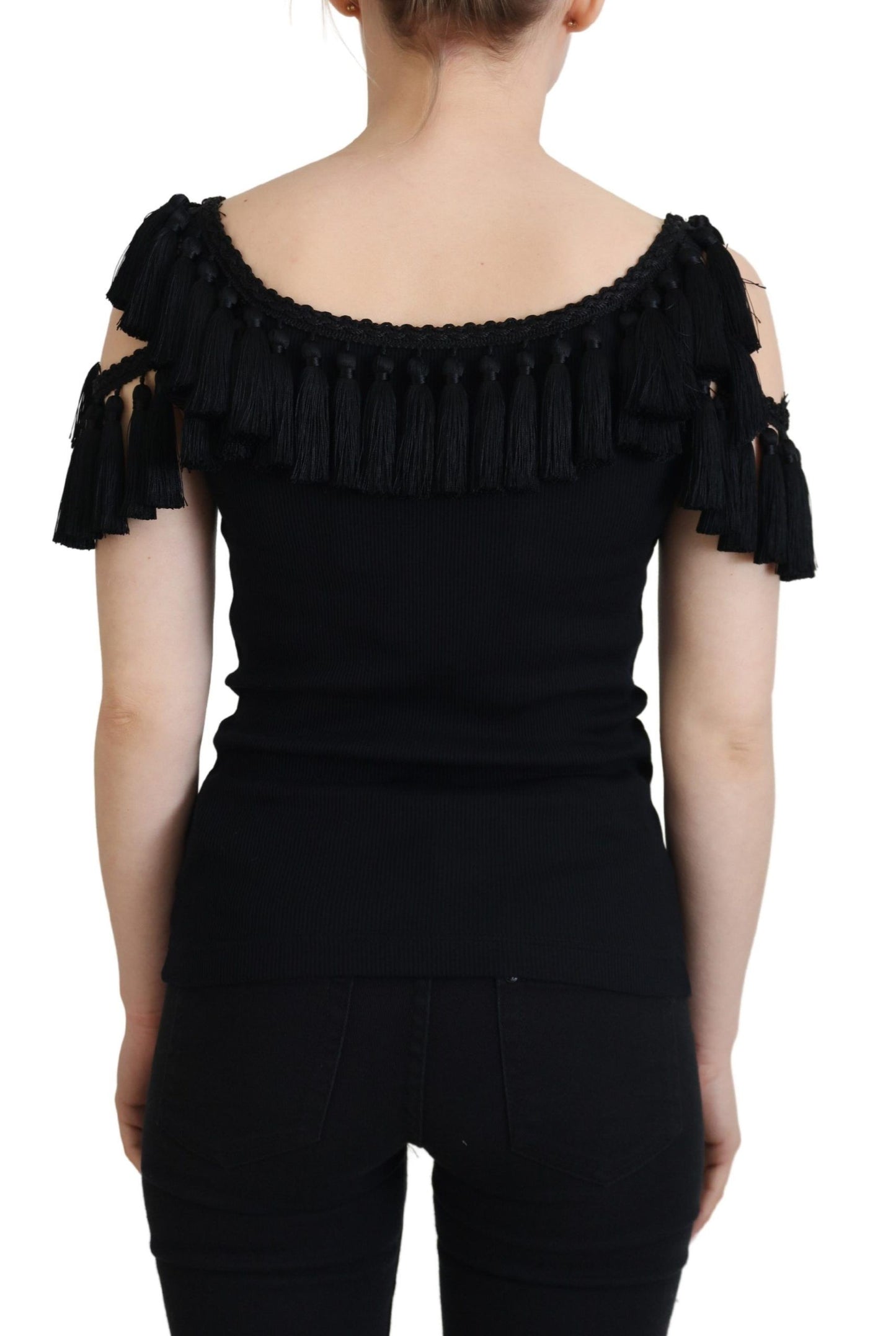 Blusa negra sin mangas de algodón con borlas