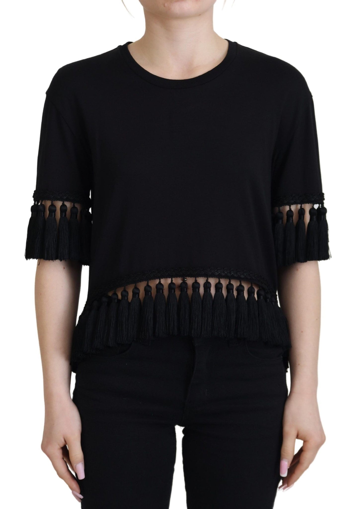 Blusa negra tipo camiseta de algodón con borlas